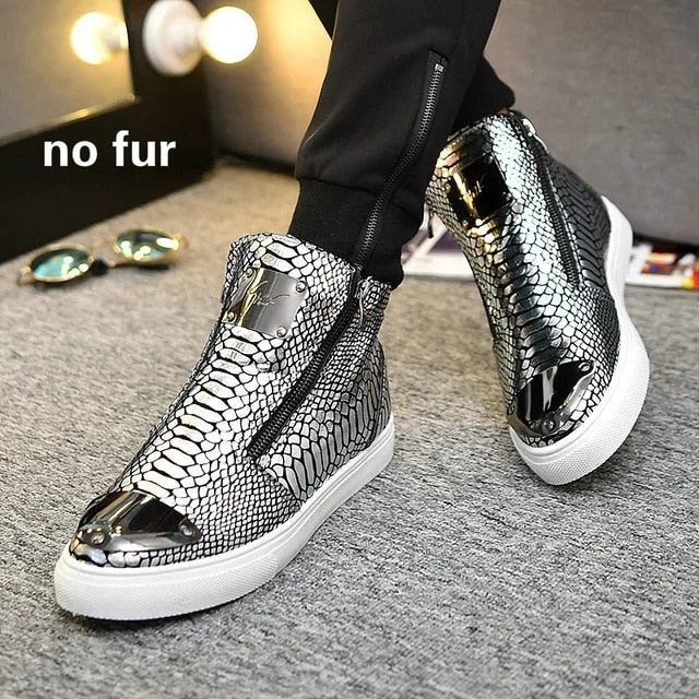 Winter Shoes Men Fashion Bling High Top Zipper Men Sneakers Height Increasing PU Leather Fur Lined Cotton Men Shoes Size 39-44