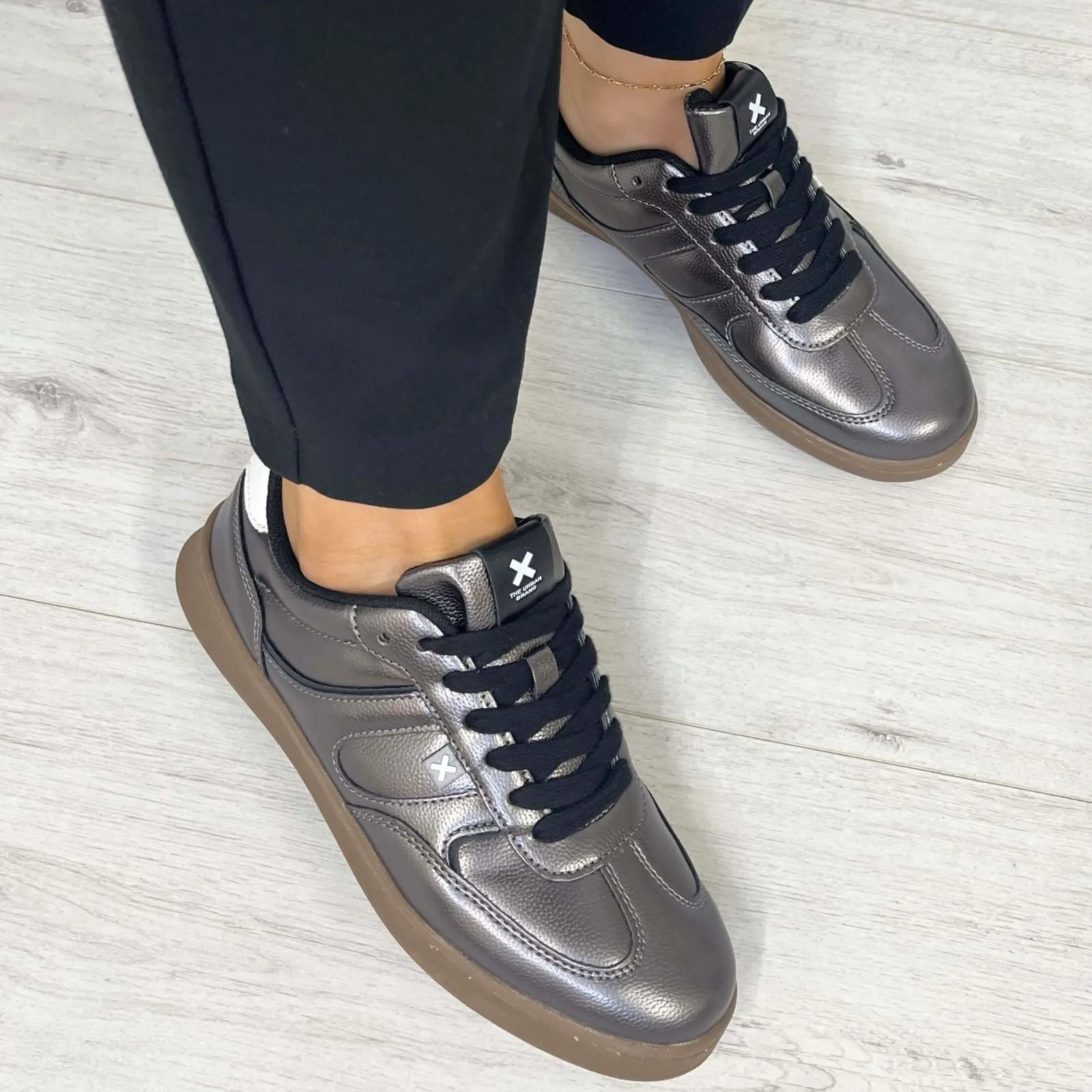 XTI Pewter Metallic Slim Line Gum Sole Sneakers